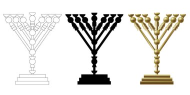 The menorah - golden lampstand in the tabernacle. six diagonal branches.  One of the ancient Jewish bible Temple vessels in Jerusalem. Vector icon painting for coloring, color and black silhouette.  clipart
