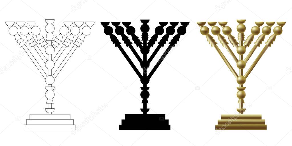 The menorah - golden lampstand in the tabernacle. six diagonal branches.  One of the ancient Jewish bible Temple vessels in Jerusalem. Vector icon painting for coloring, color and black silhouette. 