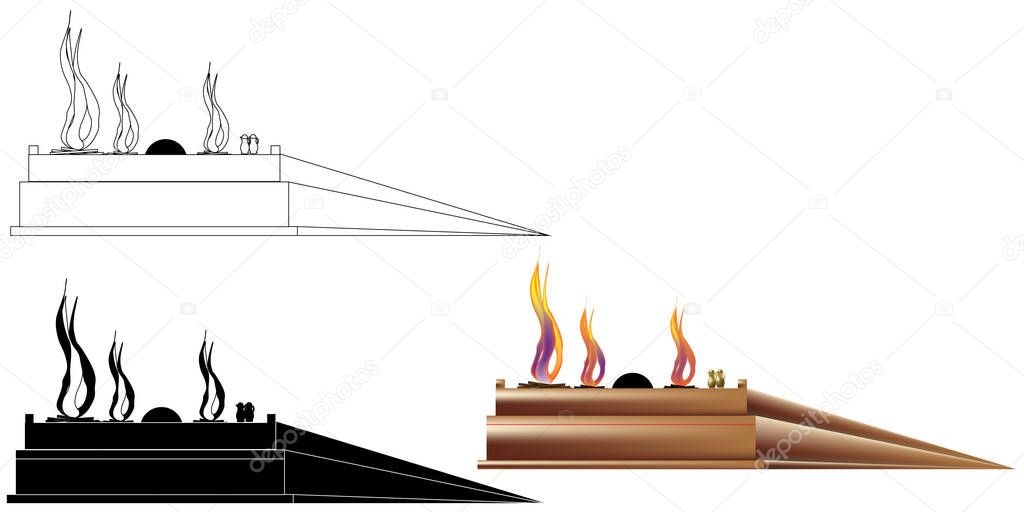 The Altar of burnt offering. A structure made of bronze, with three slopes. Bonfires and cans. One of the Jewish Temple vessels in Jerusalem. Vector painting for coloring, color and black silhouette. 