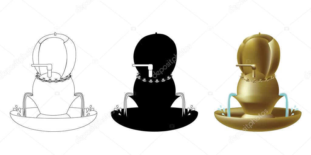The Bronze laver of the Tabernacle and its base. Water tank on sink. One of the ancient Jewish bible Temple vessels in Jerusalem. Vector icon painting for coloring, color and black silhouette. 