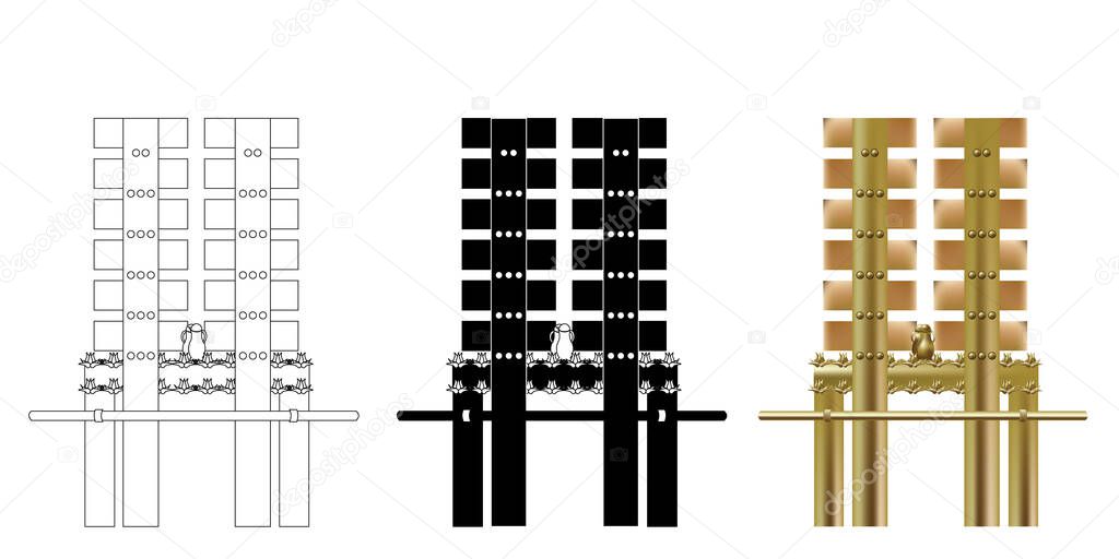 A drawing of the showbread table of the Temple in Jerusalem. Ancient historic gold table. On it are placed 12 square loaves of bread.Colorful vector drawing, black silhouette, for coloring.