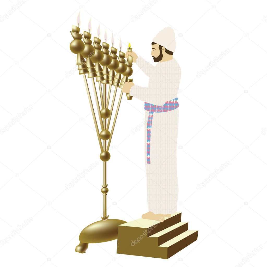 A painting of a Jewish priest dressed in ancient priestly garments. Light the candles in the golden lamp of the Holy Temple of King Solomon. In Jerusalem. Color vector. White background. Isolated