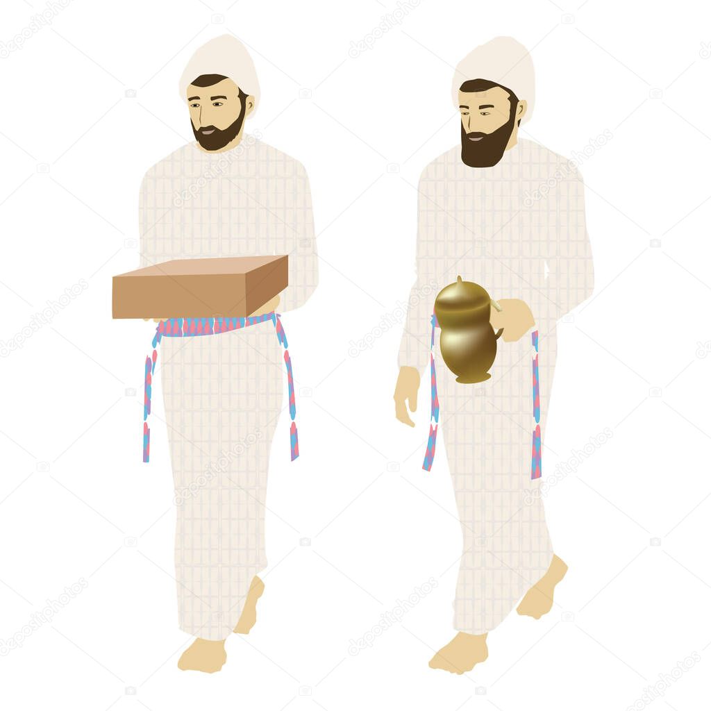 A painting of two traditional Orthodox Jewish priests in ancient clothing from the time of King Solomon's Temple in Jerusalem holding Showbread and a pitcher of frankincense. Vector, isolated,