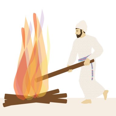 A painting of a simple Jewish priest in traditional clothing adds a plank to the perpetual fire that was lit on the altar of the Holy Temple of Solomon in Jerusalem. Part of the daily routine.vector clipart