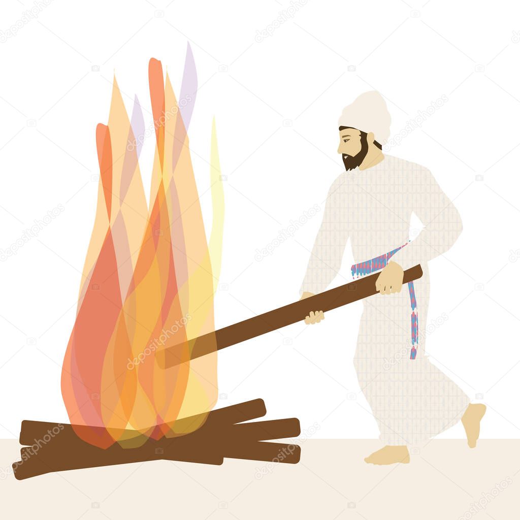 A painting of a simple Jewish priest in traditional clothing adds a plank to the perpetual fire that was lit on the altar of the Holy Temple of Solomon in Jerusalem. Part of the daily routine.vector