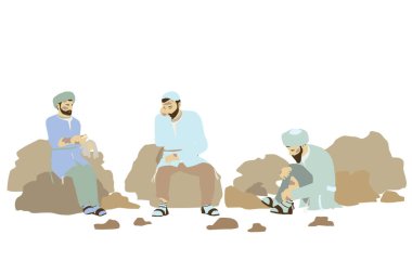 A drawing of three lepers. Unclean. Orthodox Jews in Jerusalem outside the city gates. Sit on the ground and on the rocks and treat their wounds. Traditional authentic historical attire. Isolated.  clipart