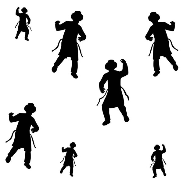 7 Jewish followers dancing.Flat vector silhouettes. Black on a white background.The figures are dressed in long coats and sashes fluttering to the sides as they move