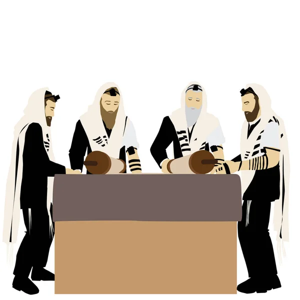 一幅四幅传统东正教犹太教礼拜者的画 他们裹着焦油和泰菲林 走上舞台 面前放着打开的托拉卷轴 牧师读懂了矢量 — 图库矢量图片