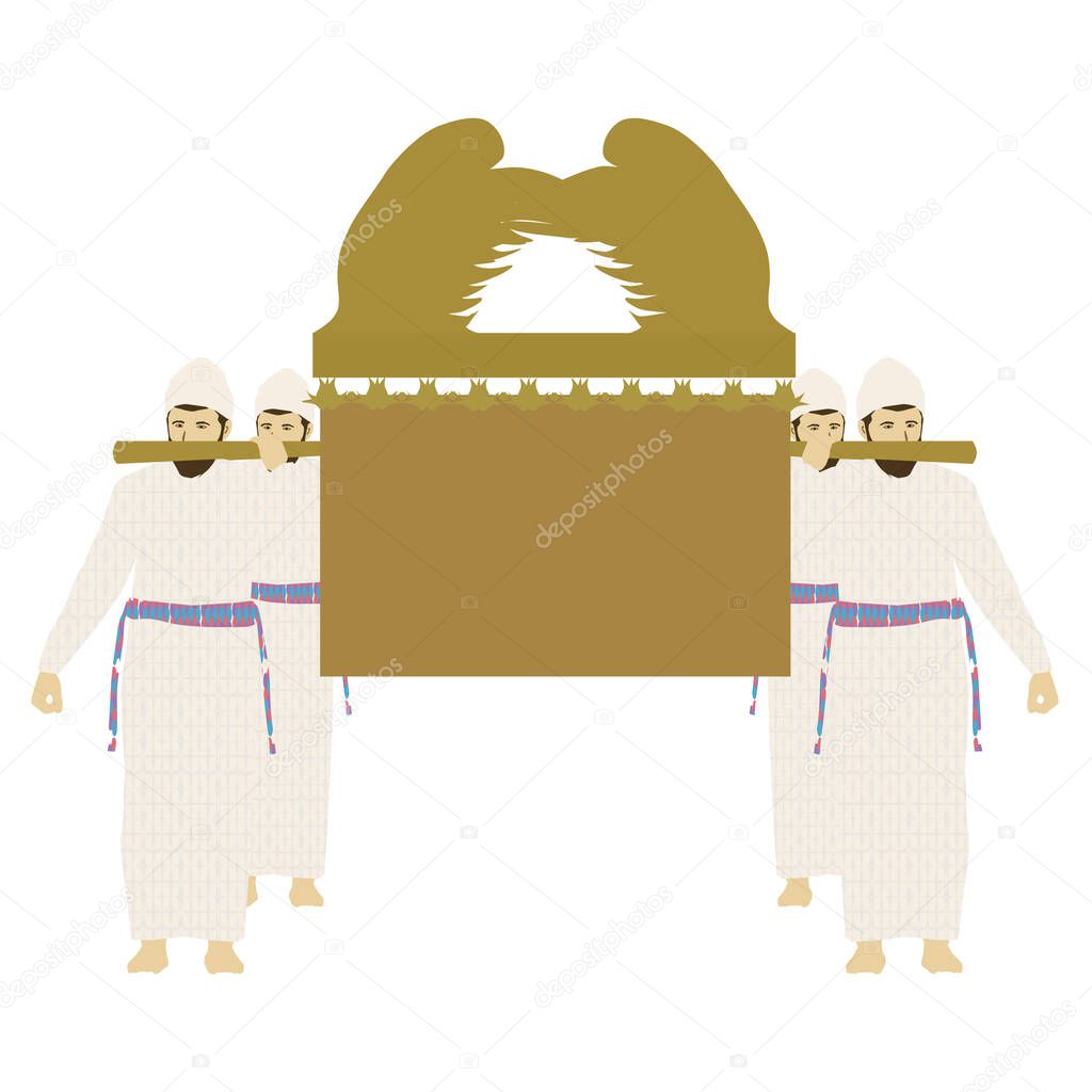 Four traditionally dressed Jewish priests carry on their shoulders the Ark of the Covenant that was in the Temple and in the tabernacle made of gold. Flat vector illustration on a white background