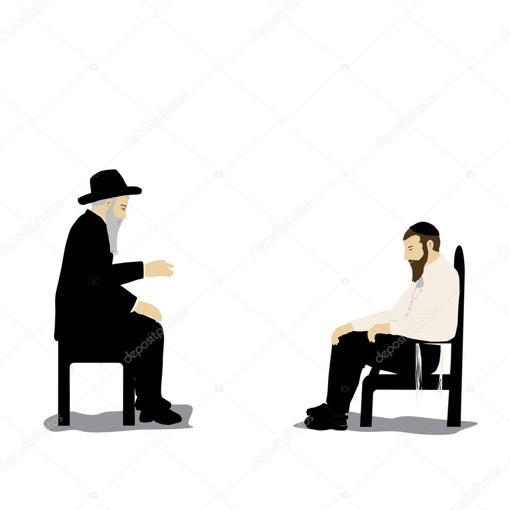 Shiva - Vector illustration of a Jew sitting on a low chair mourning his relative. His shirt is torn. In front of him on an ordinary chair sits a rabbi who comforts him.Flat colorful art painting.