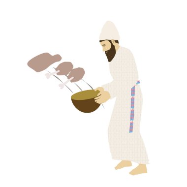 Ek Rosh Chodesh Teklifi. Cohen 'in bir tablosu adağı mihrabın üzerine atar. Bir kâse salla ve oradan yukarıya doğru uçan et parçaları Yahudi Tapınağı' nda renkli bir vektör çizimi yap.