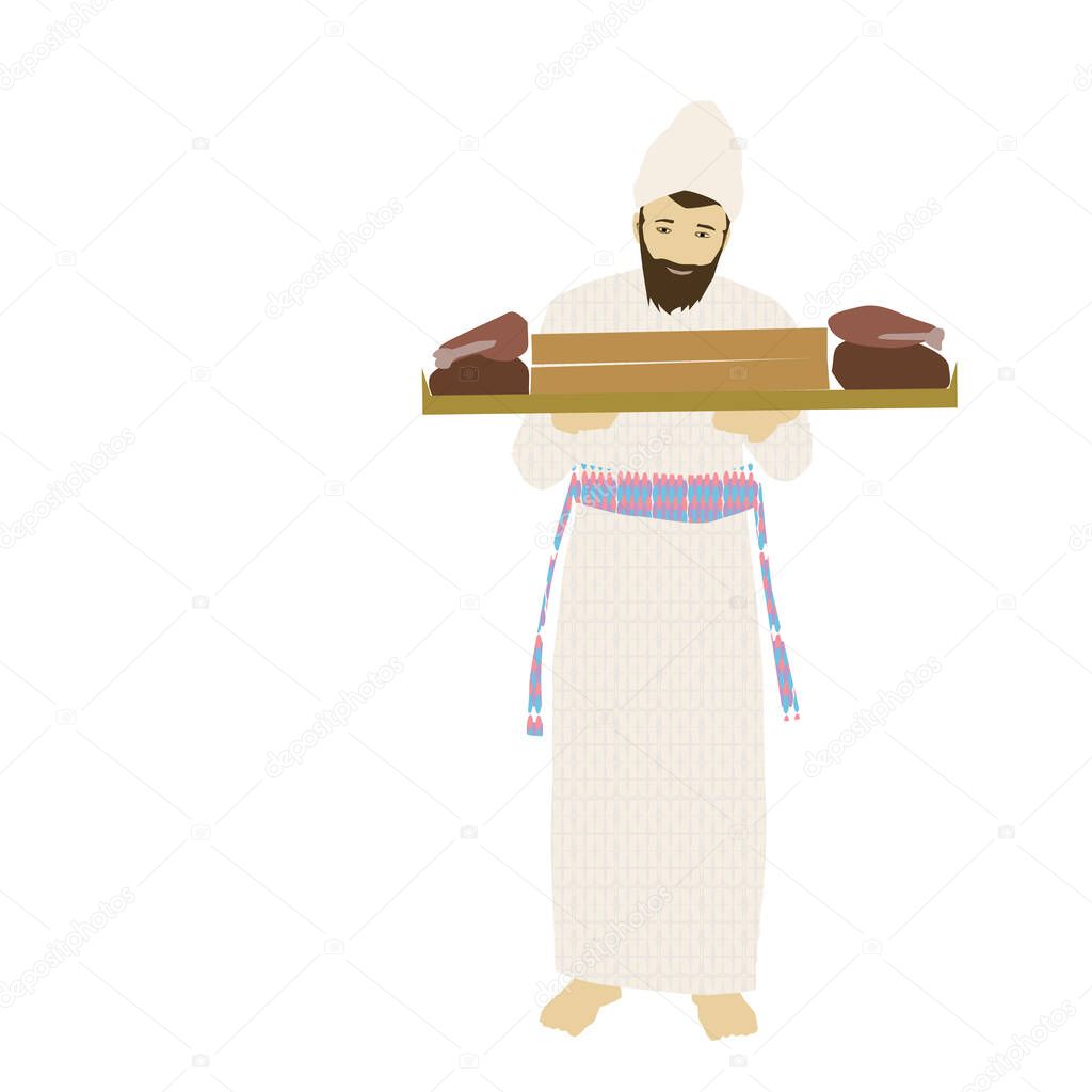 A Jewish man dressed in priestly clothes, holding in his hands a shank and breast of a lamb and two special loaves that were baked during the Temple in Jerusalem.  Colorful vector illustration