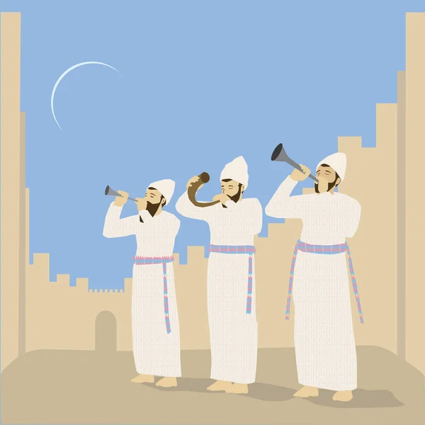 Painting Three Jewish Priests Temple Jerusalem Blowing Shofar Silver Trumpets — Vetor de Stock