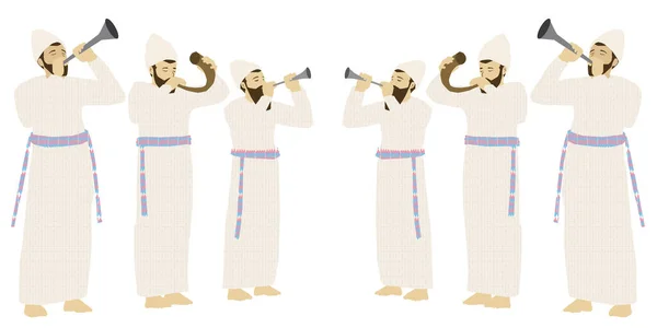 Six Jewish Priests Dressed Traditional Clothing Standing Blowing Shofar Ram — Vetor de Stock