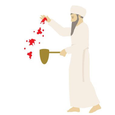Yom Kippur 'da beyaz giysili Yahudi bir başrahibin kan fırlattığı bir tablo. Elinde altın bir kap tutuyor. Eski Kudüs 'teki Yahudi Tapınağı' ndaki işinin bir parçası olarak. Renkli bir vektör.