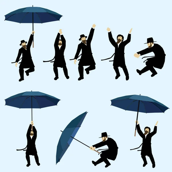 Живопись Еврейских Последователей Черной Шляпе Костюме Поясе Танцующих Воздухе Зонтиками — стоковый вектор