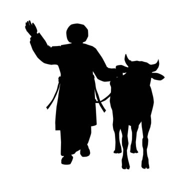 Yaninda bir boğa getiren seyyahin siyah silueti. Kudüs 'teki Tapınak döneminin tipik kıyafetleri içinde tarihi bir Yahudi figürü.