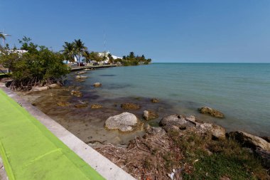 Chetumal 'daki rıhtım yolu, palmiye ağaçları ve Karayip Denizi manzaralı..