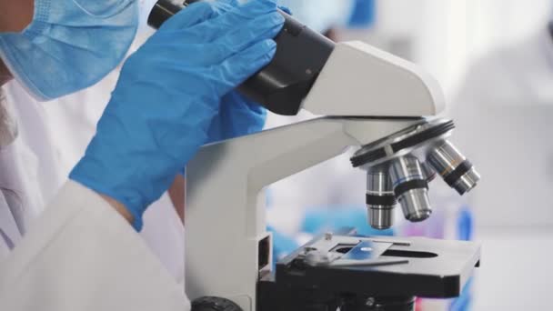 Laboratoire de développement médical : regarder au microscope, analyse l'échantillon — Video