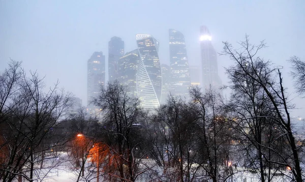 Evening View Moscow City Skyscraper Buildings Heavy Snowfall — Stock Photo, Image