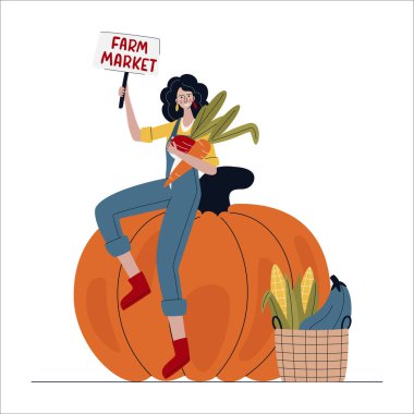 Modern tarzda bir çiftçi kadın büyük bir balkabağının üzerinde oturuyor. Yerel çiftçi pazarından taze organik ürünler alın. Çiftlik Pazarı ya da Hasat Festivali konsepti. Çizgi film vektör illüstrasyonu