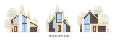 Modern evler, bembeyaz panoramik pencereli minimalist tarzda evler. Emlak konsepti, kiralık ya da satılık ev. İskandinav tasarımı. Vektör Mimari Görselleştirme.