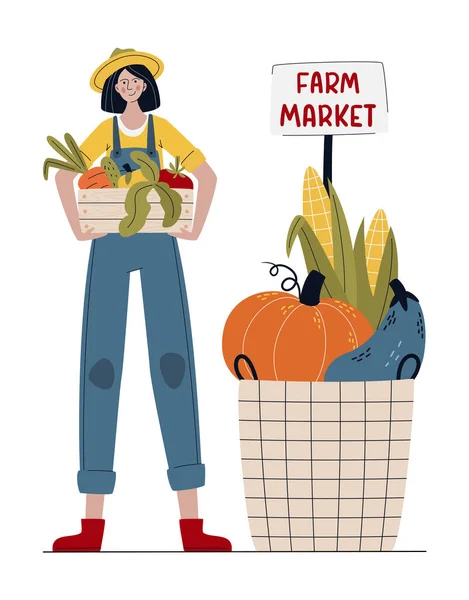現代的なスタイルの農家の女性 地元のファーマーズマーケットから新鮮な有機製品を購入してください ファームマーケットや地元のコンセプトを食べる 有機的生産漫画のベクトル図 — ストックベクタ