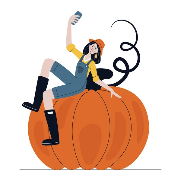大規模なカボチャに座って 携帯電話で自撮り現代的なスタイルの農家の女性 農場市場または収穫祭の概念 漫画ベクトルイラスト — ストックベクタ