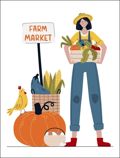 Mujer Agricultora Estilo Moderno Mercado Granja Comer Concepto Local Compre — Vector de stock