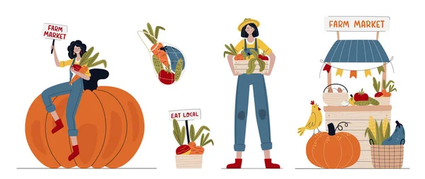 野菜と現代的なスタイルの農家の女性のセット ファームマーケット 収穫祭や地元のコンセプトを食べる 地元のファーマーズマーケットから新鮮な有機製品を購入してください 漫画ベクトルイラスト — ストックベクタ