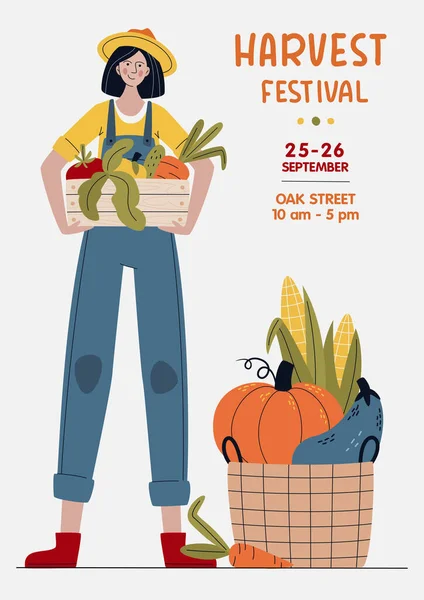 Banner Del Festival Cosecha Mujer Agricultora Con Verduras Estilo Moderno — Archivo Imágenes Vectoriales