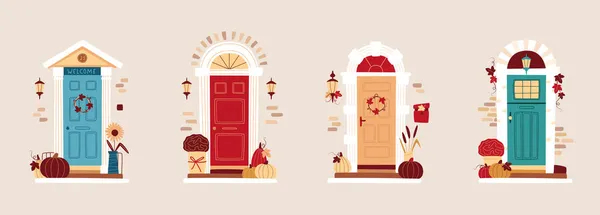 Zestaw Zimowych Drzwi Urządzonych Święto Dziękczynienia Tradycyjna Jesienna Dekoracja Domu — Wektor stockowy