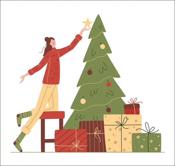 Joven Moderna Está Decorando Árbol Navidad Feliz Concepto Navidad Preparación — Archivo Imágenes Vectoriales