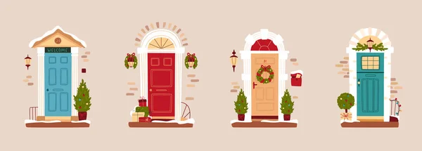 Set Porte Invernali Decorate Natale Decorazione Tradizionale Natale Ghirlanda Natale — Vettoriale Stock