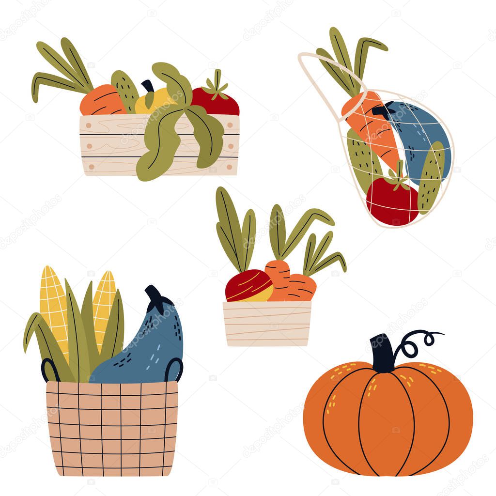 Farmer woman in modern style. Farm Market or Eat Local concept. Buy fresh organic products from the local farmers market. rganic production cartoon vector illustration
