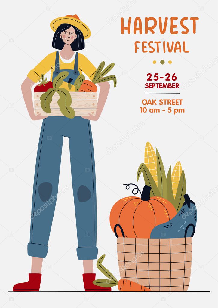 Harvest Festival banner. Farmer woman with vegetables in modern style. Farm Market or Eat Local concept. Buy fresh organic products from the local farmers market. Cartoon vector illustration