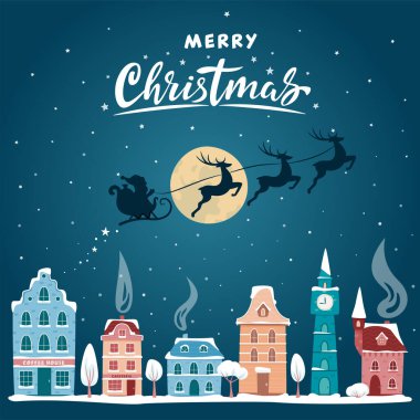 Yılbaşı kartı, eski bir kasaba ve Noel Baba hilesi. Dekoratif eski binalar ve Mutlu Noeller tabelası olan gece şehri manzarası. Kış kasabası. Düz biçimli vektör illüstrasyonu.
