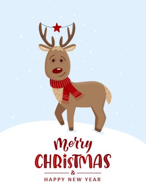 Kırmızı eşarplı ve boynuzlu sevimli kırmızı burun ren geyiği tasarımı. Noel kartları, afişler, posterler için komik sezonluk karakter. Mutlu noel yazıları. İzole vektör illüstrasyonu.