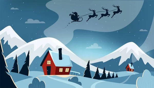 Ночные Зимние Горы Санями Санта Клауса Зимние Дома Сосны Холмы — стоковый вектор