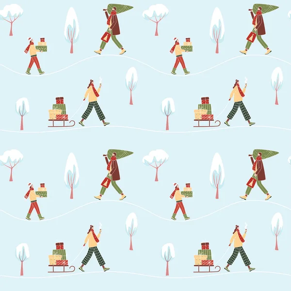 Зимний Бесшовный Узор Людьми Несущими Подарочные Коробки Елку Снежные Деревья — стоковый вектор