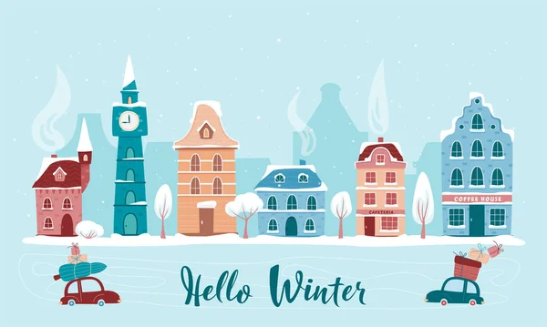 Winter Old Town Street Paysage Urbain Avec Bâtiments Anciens Décoratifs — Image vectorielle
