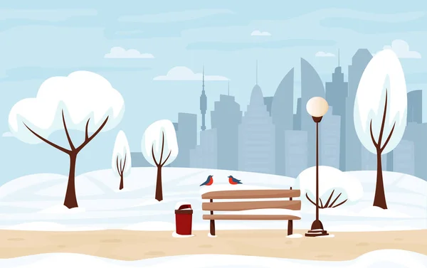 冬季城市公园 雪景和城市轮廓 在冬城公园的长椅上 冬假的概念是平面卡通风格的 城市公园景观 全景横幅 城市室外 矢量说明 — 图库矢量图片