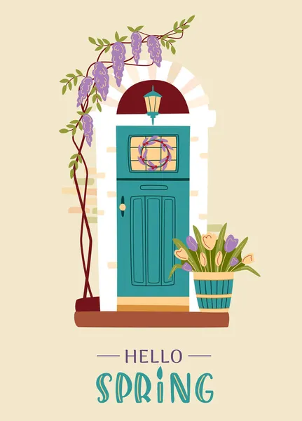 Concepto Primavera Pascua Puerta Entrada Vintage Decorada Con Glicina Tulipanes — Vector de stock