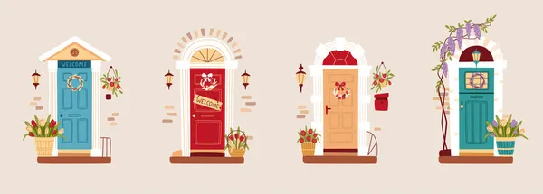 一套为春天或复活节装饰的门 传统的春天家居装饰 门上挂着花环 灯笼和花朵 矢量说明 — 图库矢量图片