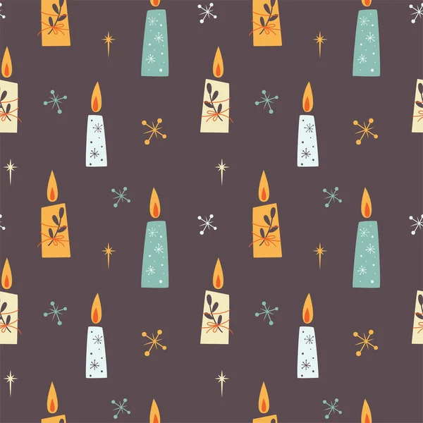 Minimalistic Christmas Seamless Pattern Candles Stars Dark Background Vintage Design — Stock vektor