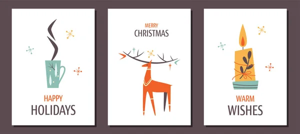 Set Minimalistic Greeting Cards Reindeer Candle Cup Tea Vintage Design — Stock Vector