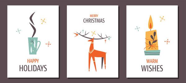 Set of Minimalistic greeting cards with reindeer, candle and cup of tea in Vintage design style. Mid Century Modern Vector Illustrations. Seasons greeting.