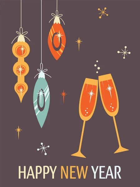 Minimalistické Přání Uvítanou Sklenicemi Šampaňského Vánočními Ozdobami Tmavém Pozadí Stylu — Stockový vektor