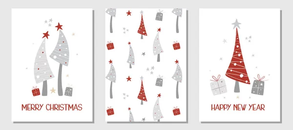 İskandinav tarzında bir dizi Noel öğesi. El yapımı köknar ağaçları, hediye kutuları, yıldızlar ve kar taneleri. Kırmızı, altın ve gümüş. Tebrik kartları, poster, bayrak, davet için vektör ögeleri