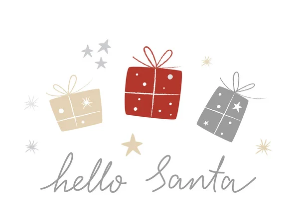 Vánoční Koncept Dárkovými Krabicemi Hello Santa Nápis Vektorová Ilustrace Skandinávském — Stockový vektor